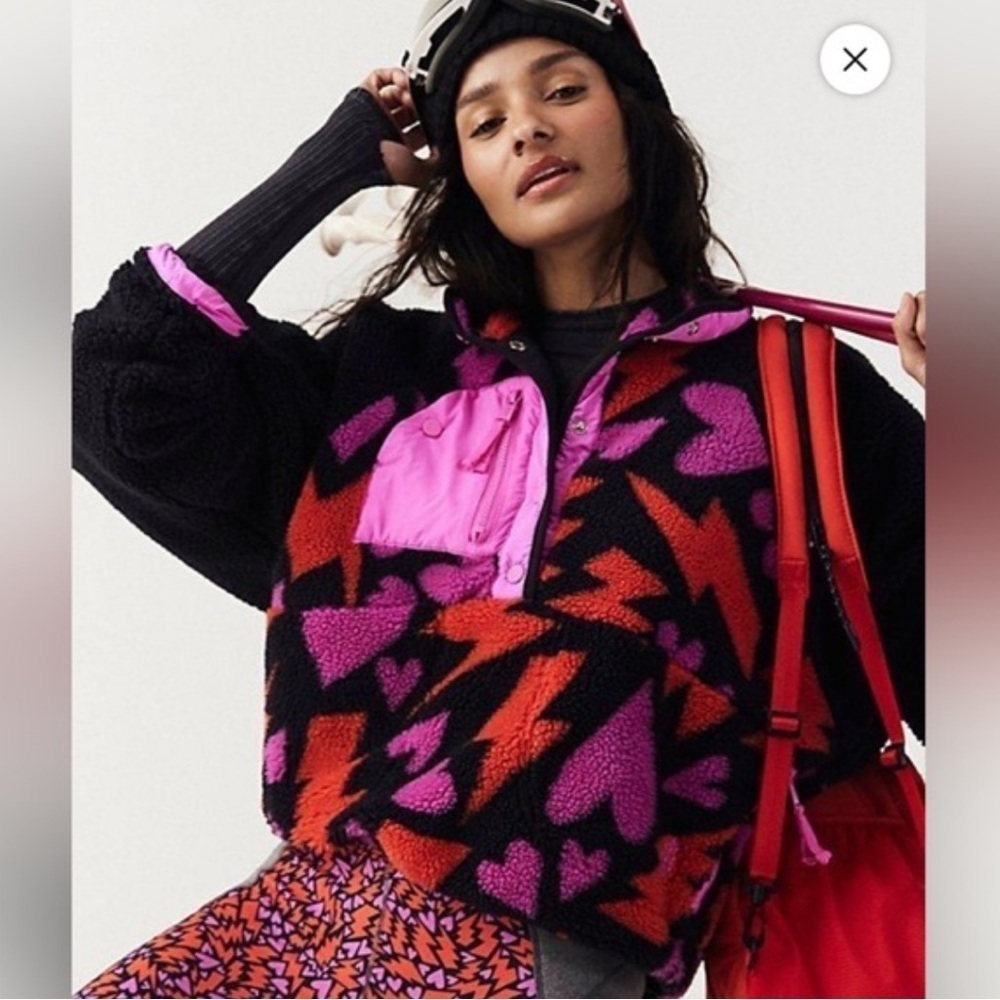 Free People Black Fleece Teddy Jacket with Pink & Red Heart Pattern